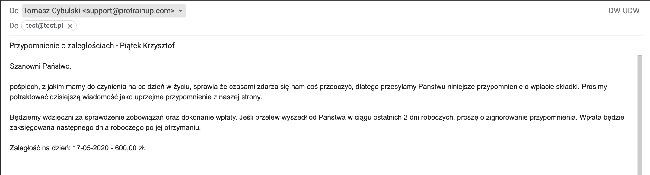 Ręczna wysyłka przypomnienia klient pocztowy