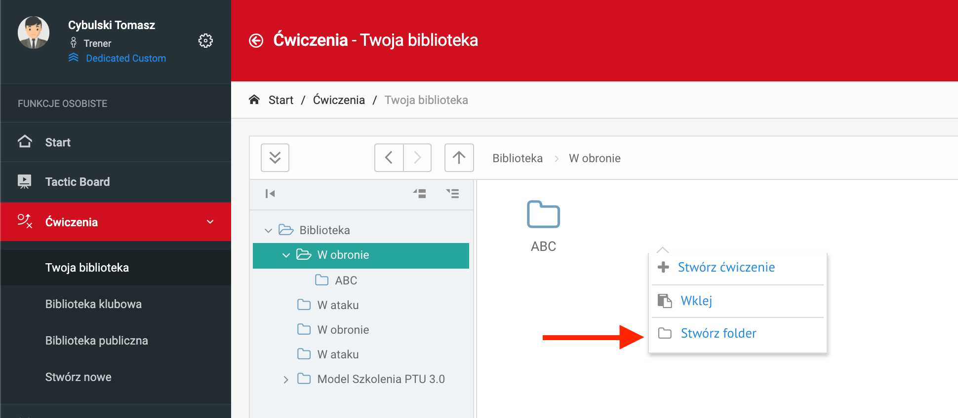 Biblioteka ćwiczeń w menu