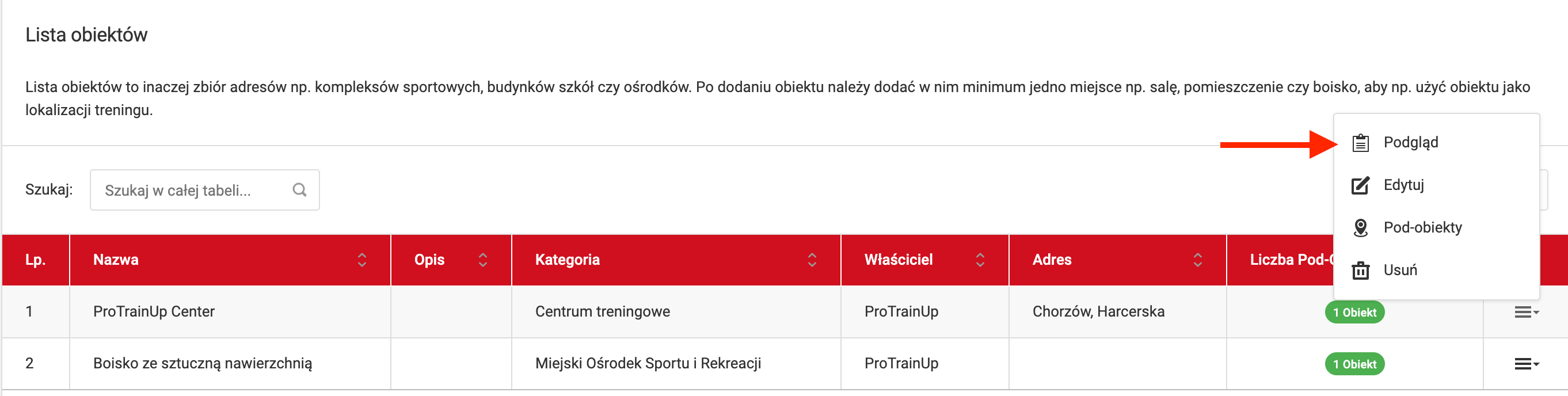 Lista obiektów