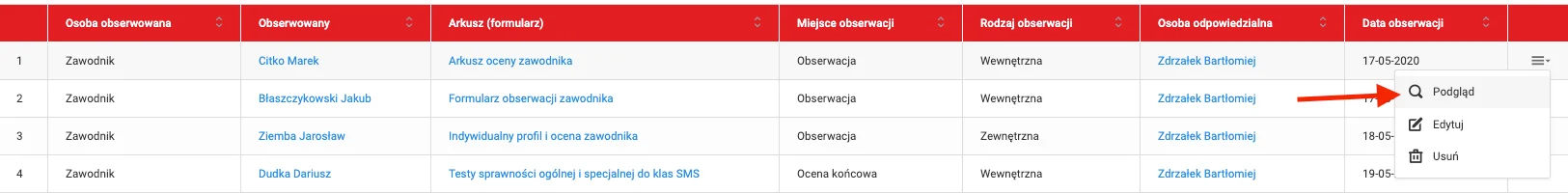Podgląd obserwacji