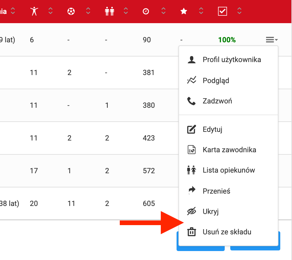 Opcja ukrycia zawodnika