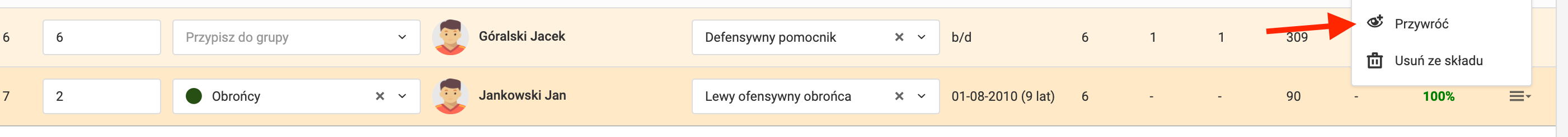 Przywracanie ukrytego zawodnika