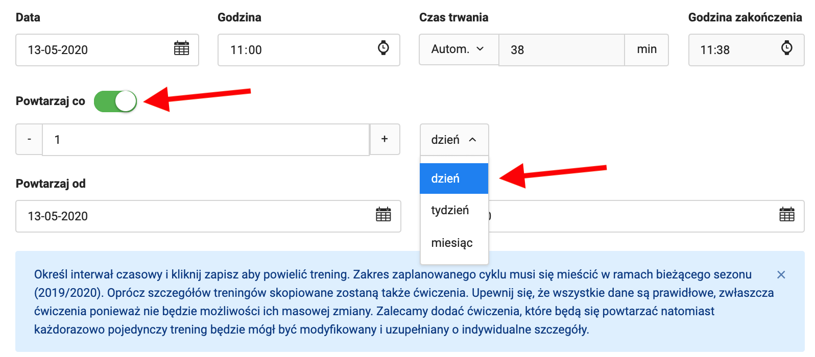 Okno treningu cyklicznego