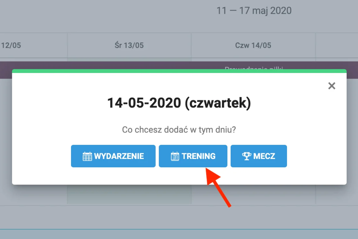 Okienko z przyciskiem "trening"