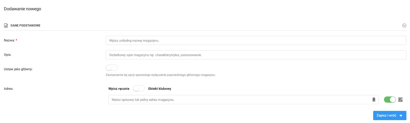 Formularz dodawania magazynu